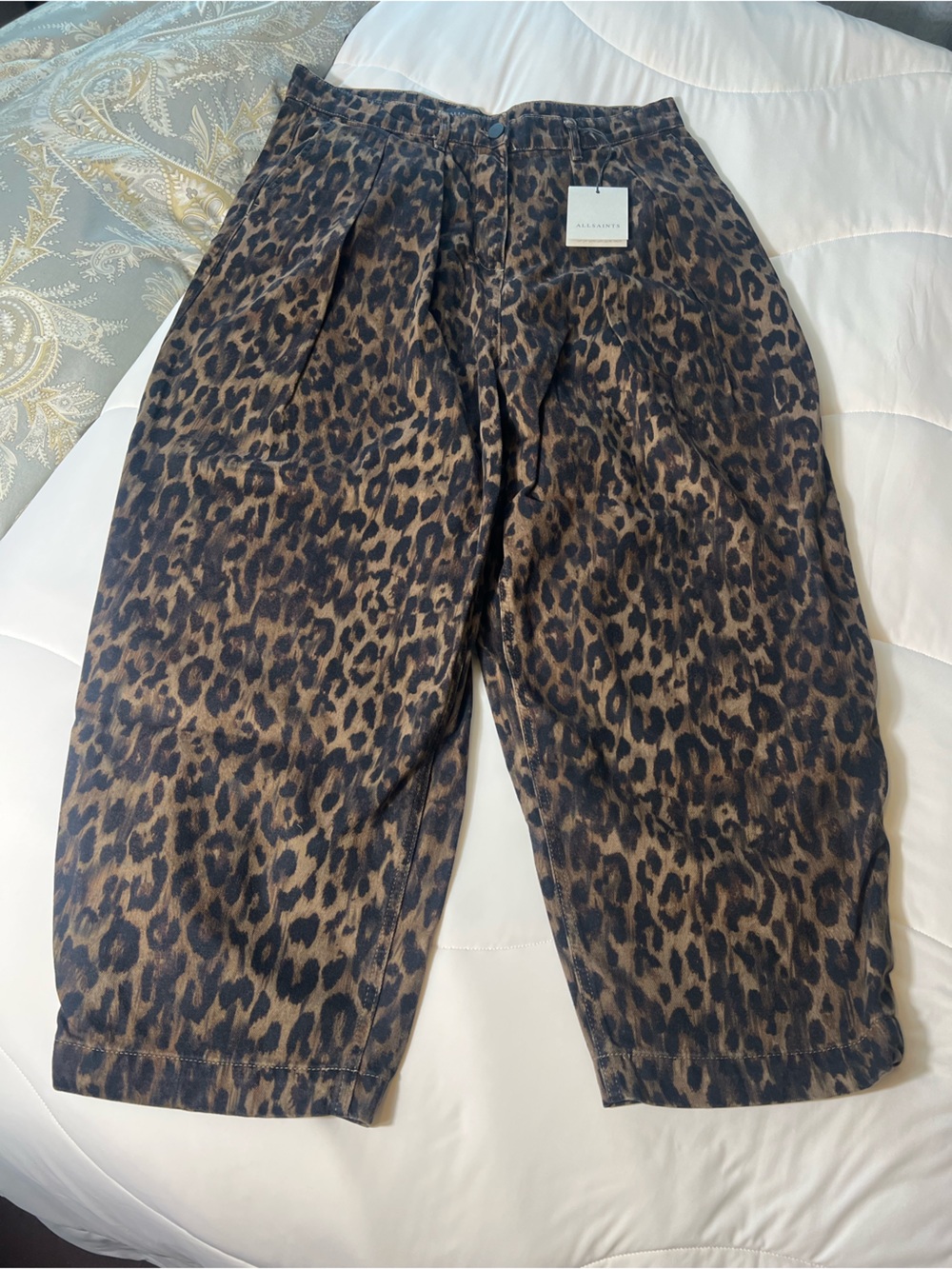 AllSaints Becca Barrel Denim Trousers in Leopard